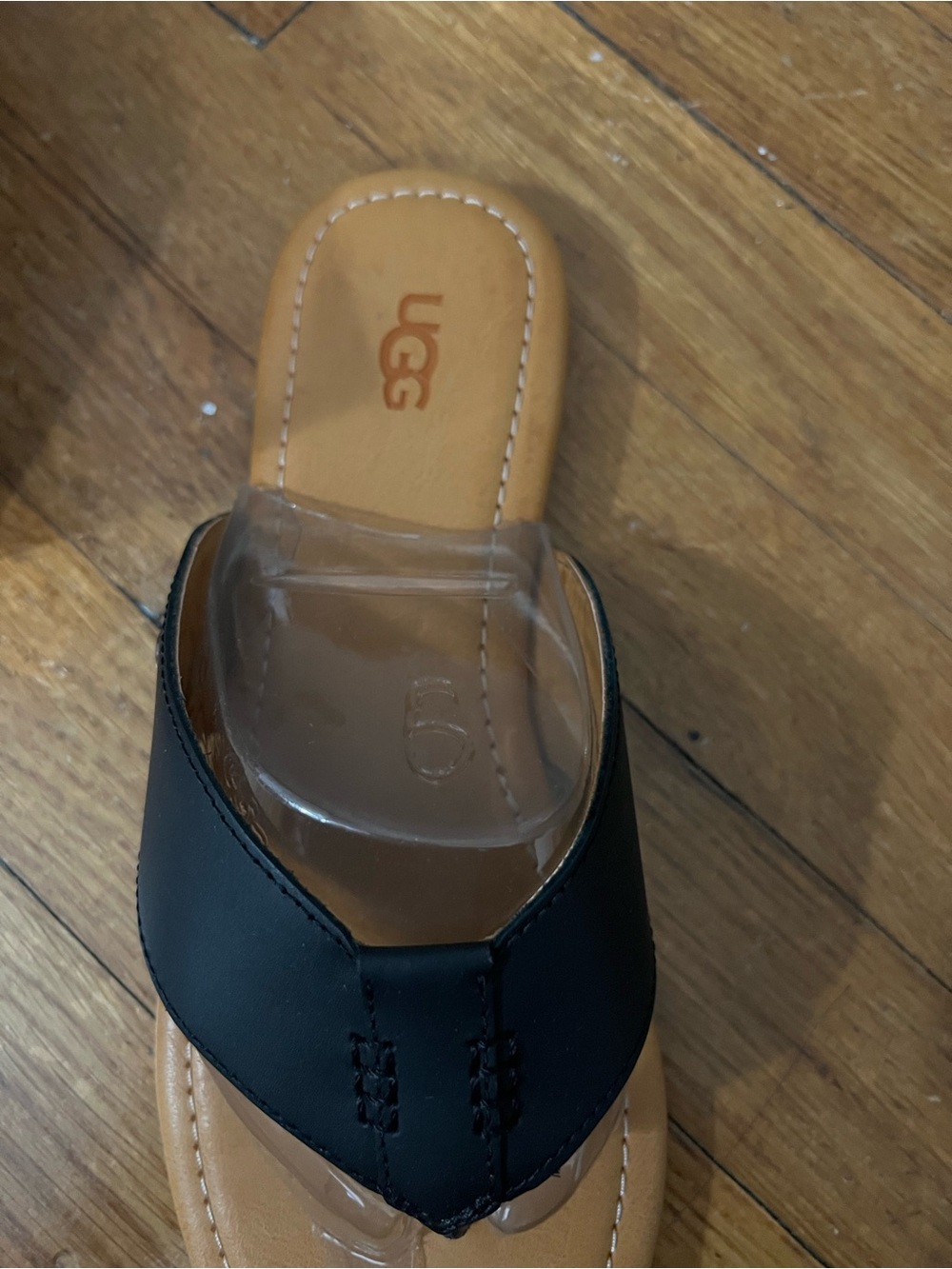 UGG Black Leather & Clear Strap Thong Sandal